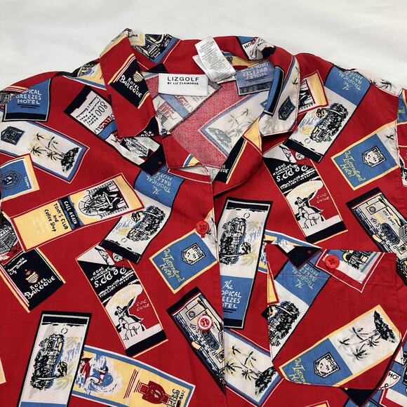 Liz Golf Shirt Women's Size M Red Travel Print Button Short Sleeve Vintage 90s - Picture 2 of 13